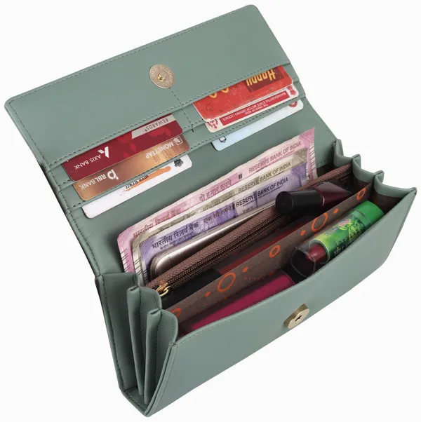 Green_Synthetic_Two-Fold_Envelope_Clutch_Hand_Wallets_Women'S_Casual