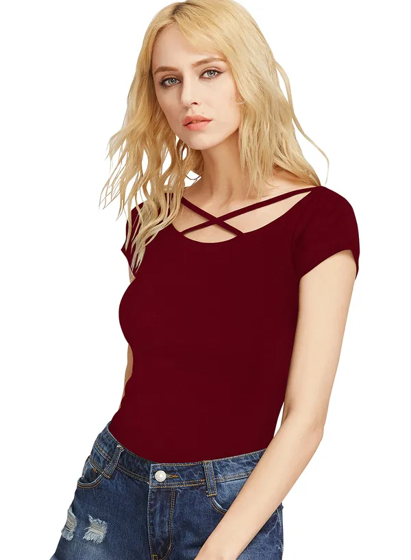 Maroon_Polyester_Knitting_T-Shirt_for_Women