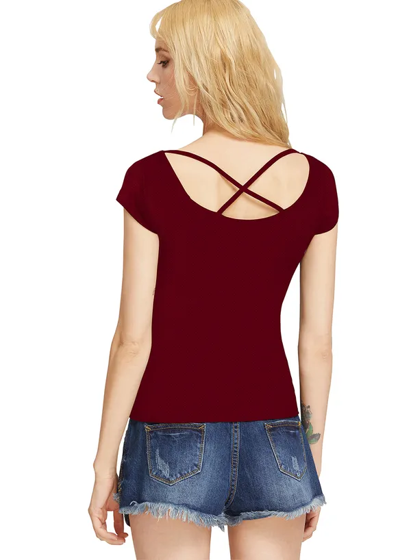 Maroon_Polyester_Knitting_T-Shirt_for_Women