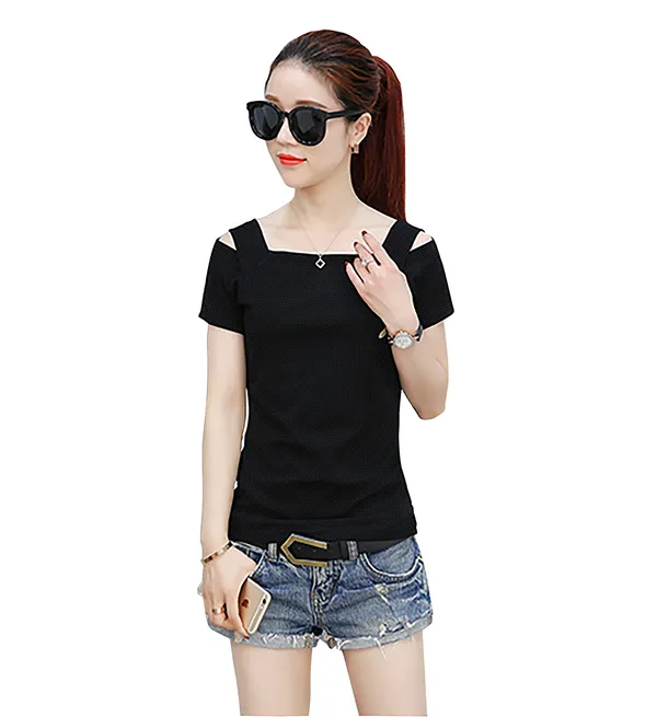 Black_Polyester_Knitting_T-Shirt_for_Women