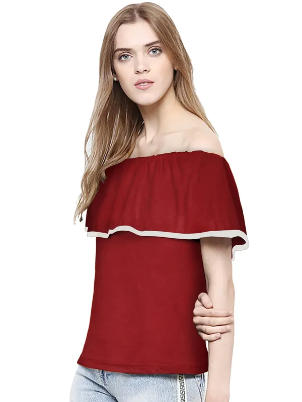 Maroon_Polyester_Knitting_T-Shirt_for_Women