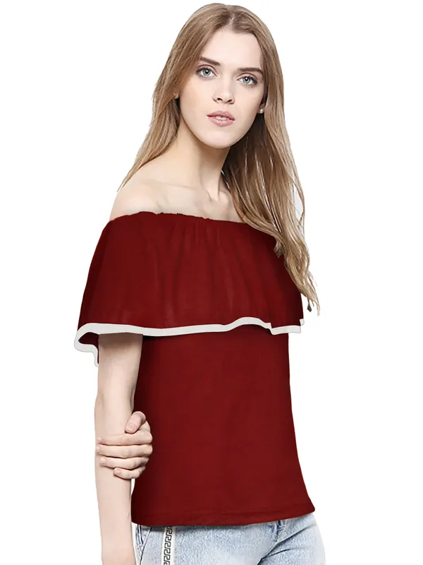 Maroon_Polyester_Knitting_T-Shirt_for_Women