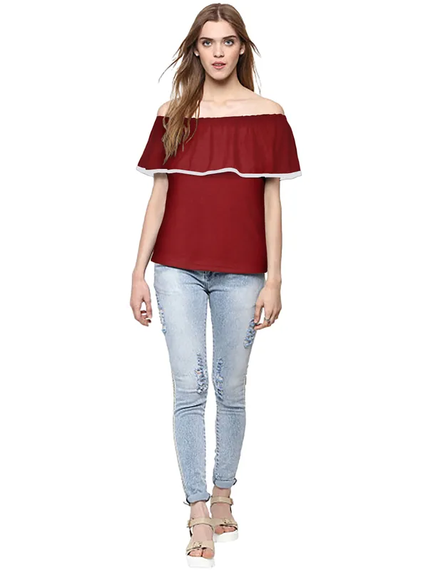 Maroon_Polyester_Knitting_T-Shirt_for_Women