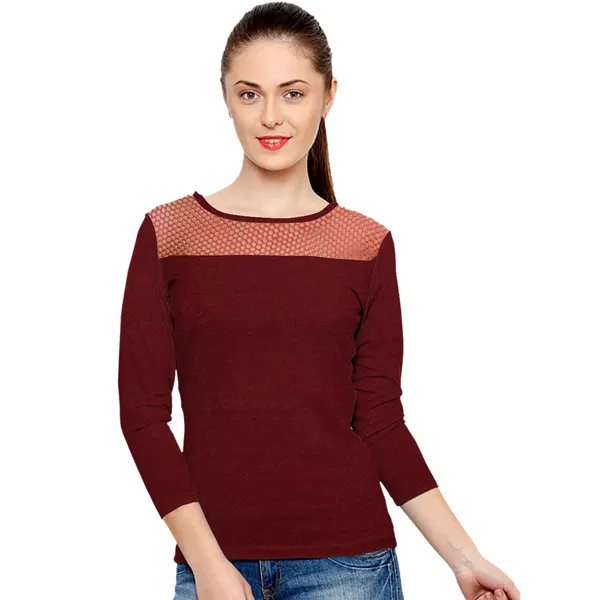 Maroon_Polyester_Knitting_T-Shirt_for_Women