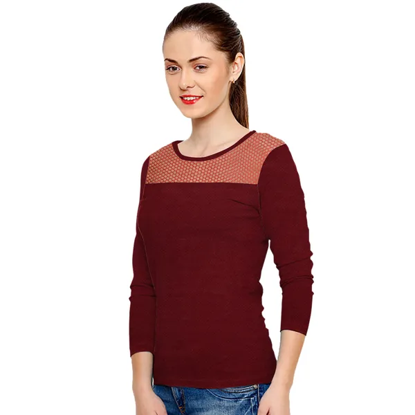 Maroon_Polyester_Knitting_T-Shirt_for_Women
