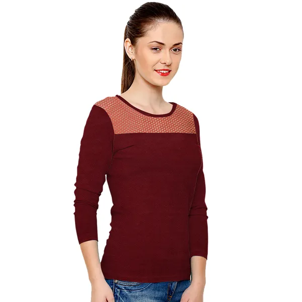 Maroon_Polyester_Knitting_T-Shirt_for_Women