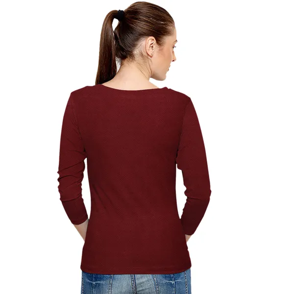 Maroon_Polyester_Knitting_T-Shirt_for_Women