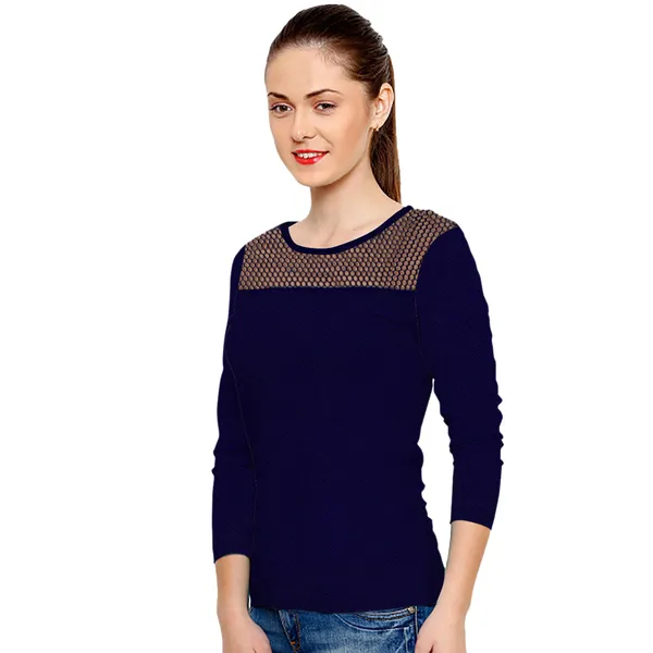 Blue_Polyester_Knitting_T-Shirt_for_Women