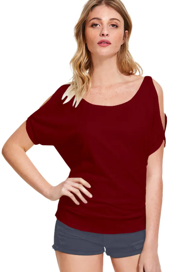 Maroon_Polyester_Knitting_T-Shirt_for_Women