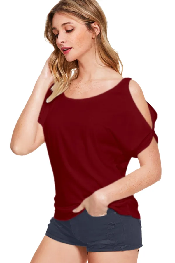 Maroon_Polyester_Knitting_T-Shirt_for_Women