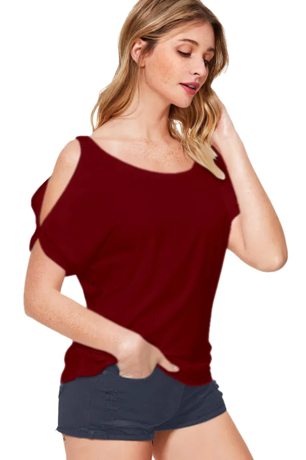 Maroon_Polyester_Knitting_T-Shirt_for_Women