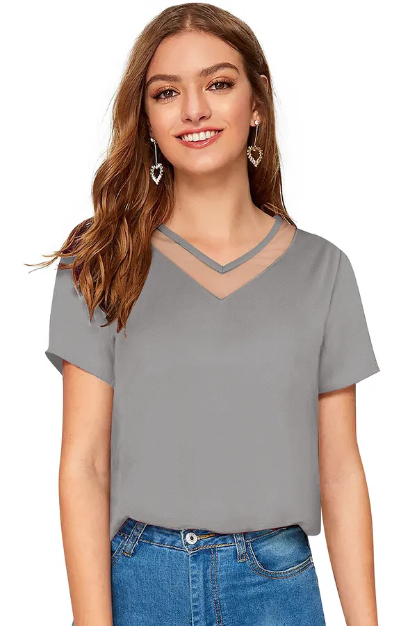 Grey_Polyester_Knitting_T-Shirt_for_Women