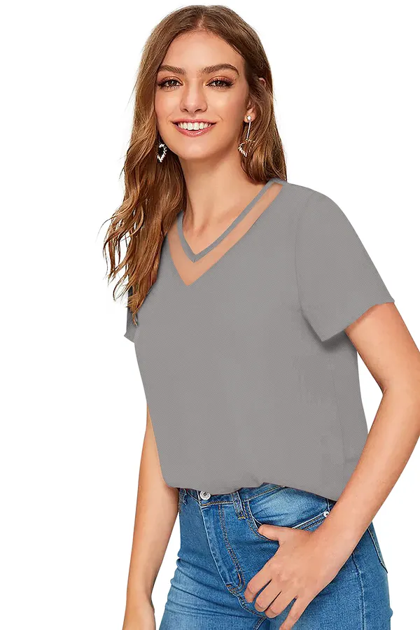 Grey_Polyester_Knitting_T-Shirt_for_Women