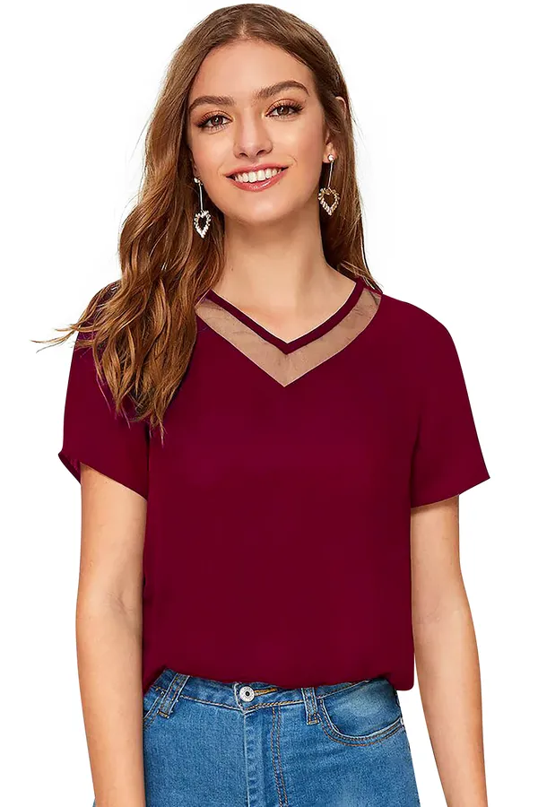 Maroon_Polyester_Knitting_T-Shirt_for_Women