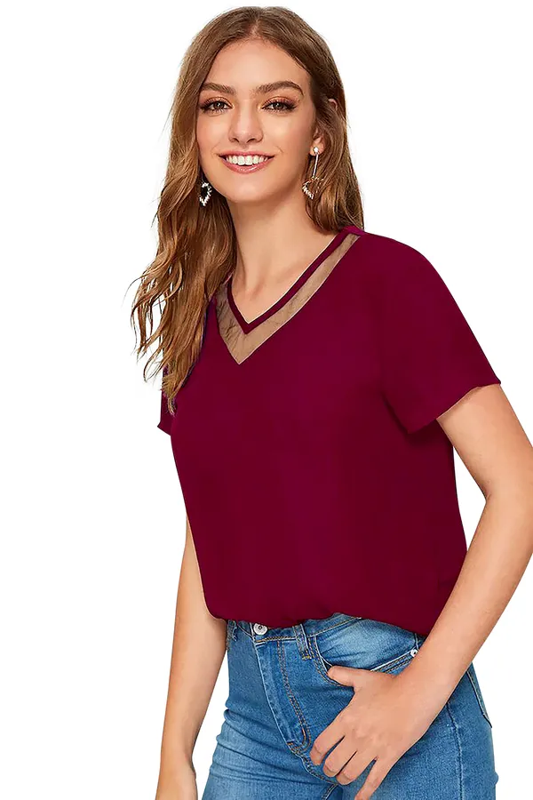 Maroon_Polyester_Knitting_T-Shirt_for_Women