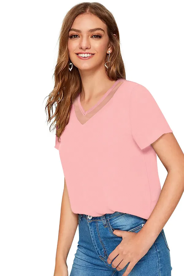 Peach_Polyester_Knitting_T-Shirt_for_Women