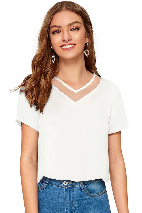 White_Polyester_Knitting_T-Shirt_for_Women