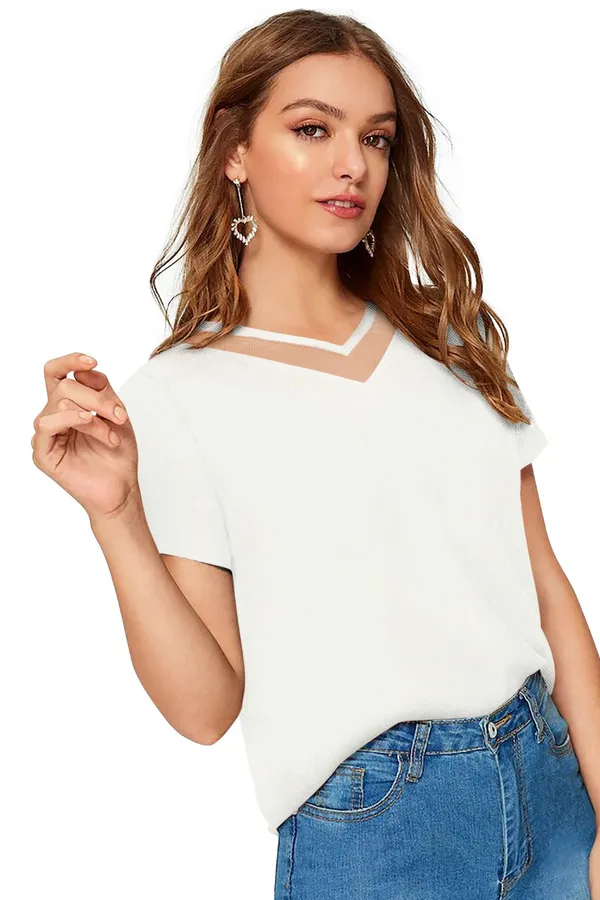 White_Polyester_Knitting_T-Shirt_for_Women