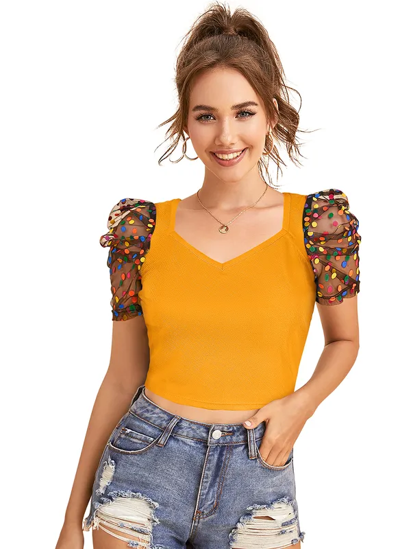 Yellow_Polyester_Knitting_Tops_for_Women