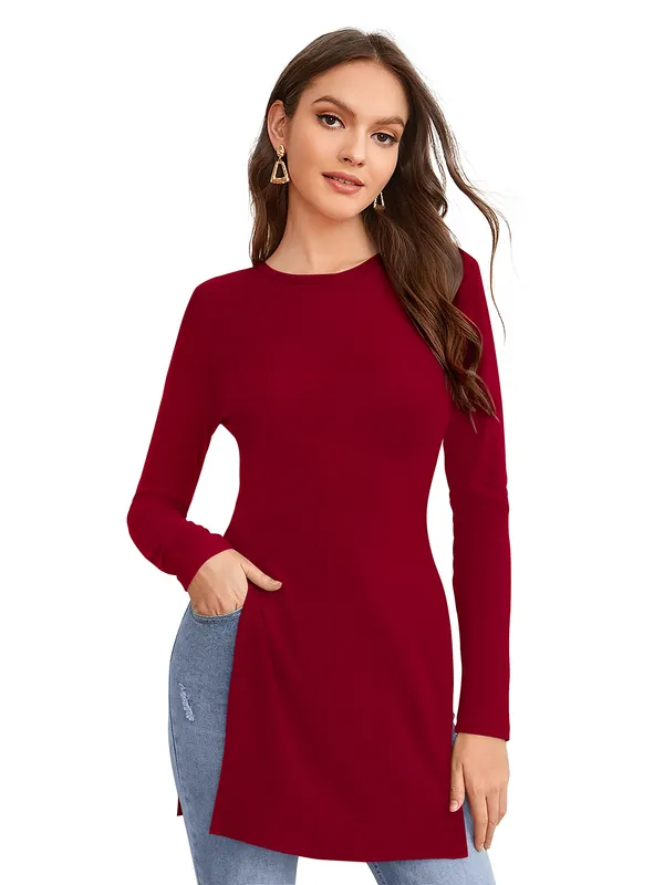 Maroon_Polyester_Knitting_T-Shirt_for_Women