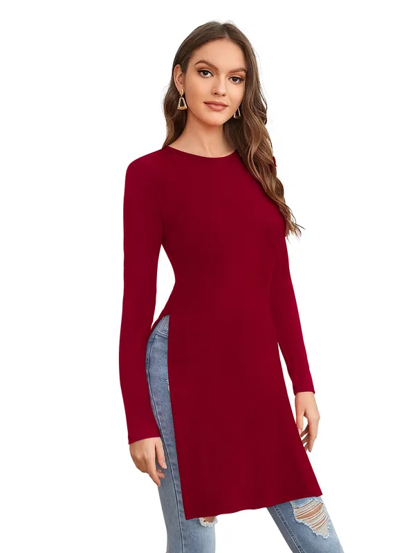 Maroon_Polyester_Knitting_T-Shirt_for_Women