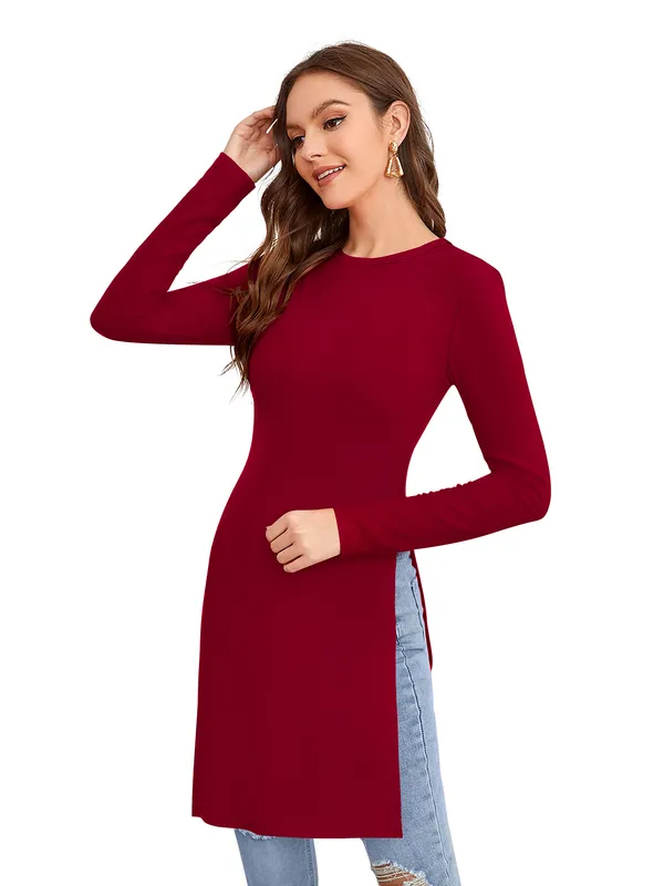 Maroon_Polyester_Knitting_T-Shirt_for_Women