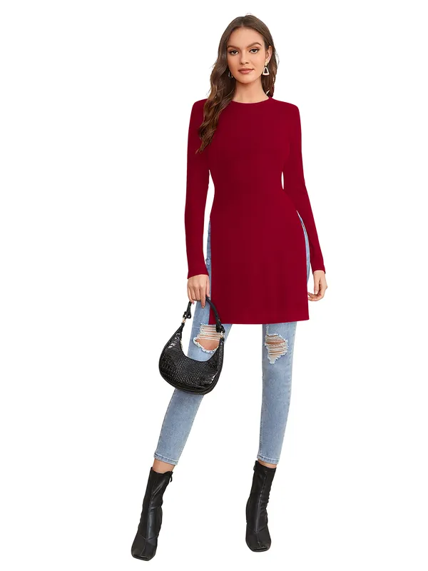 Maroon_Polyester_Knitting_T-Shirt_for_Women
