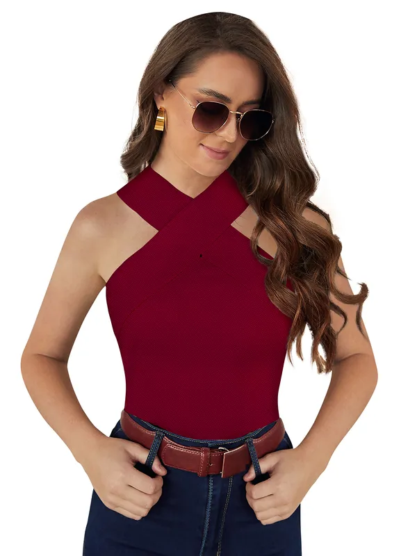 Maroon_Polyester_Knitting_T-Shirt_for_Women