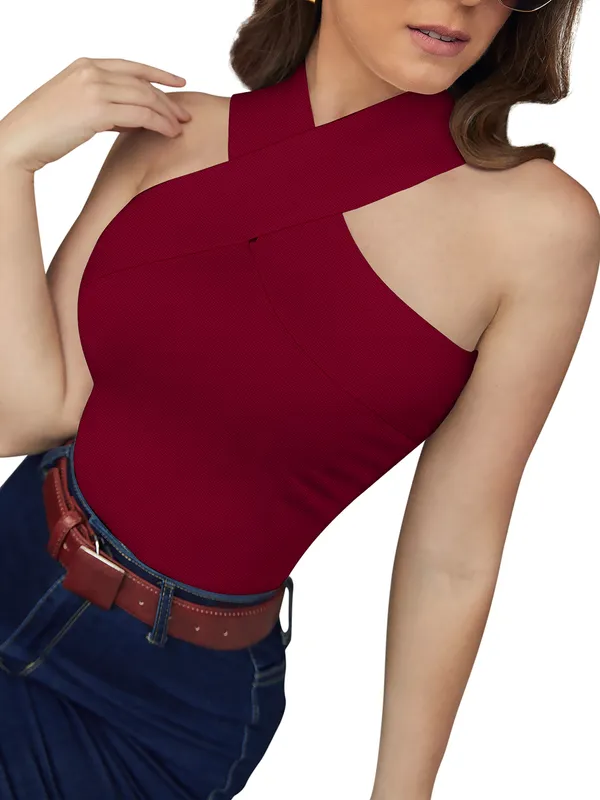 Maroon_Polyester_Knitting_T-Shirt_for_Women