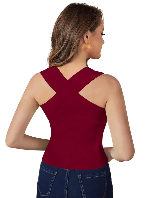 Maroon_Polyester_Knitting_T-Shirt_for_Women