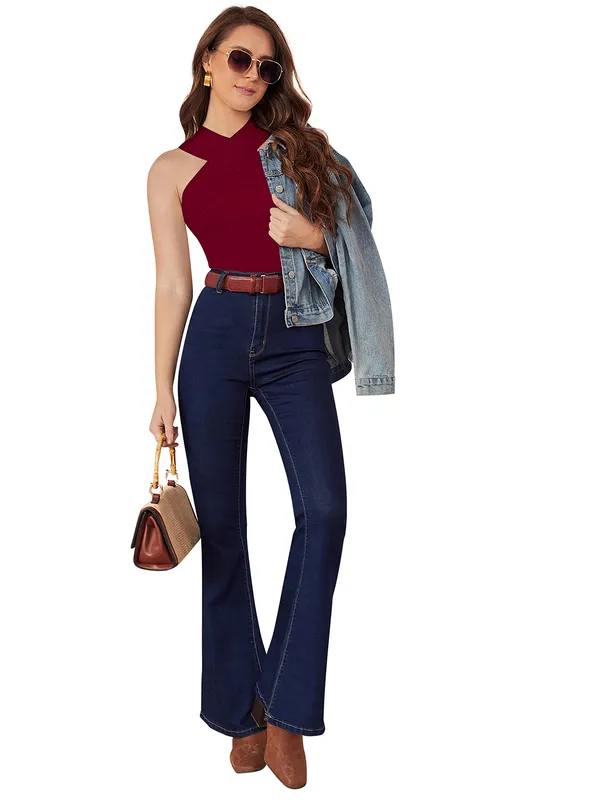 Maroon_Polyester_Knitting_T-Shirt_for_Women