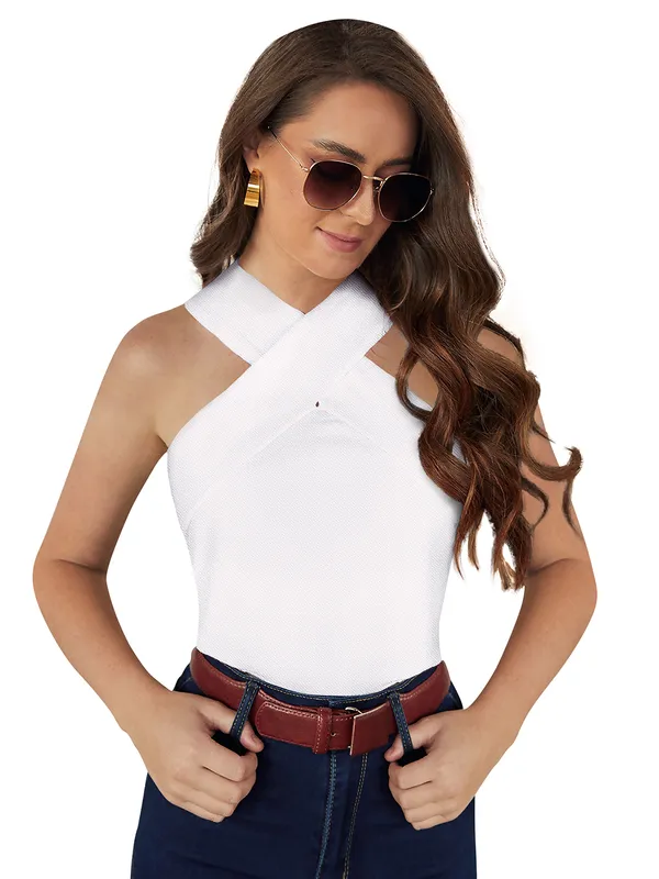 White_Polyester_Knitting_T-Shirt_for_Women