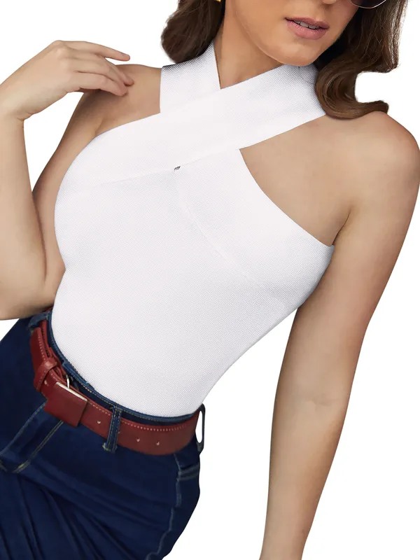White_Polyester_Knitting_T-Shirt_for_Women