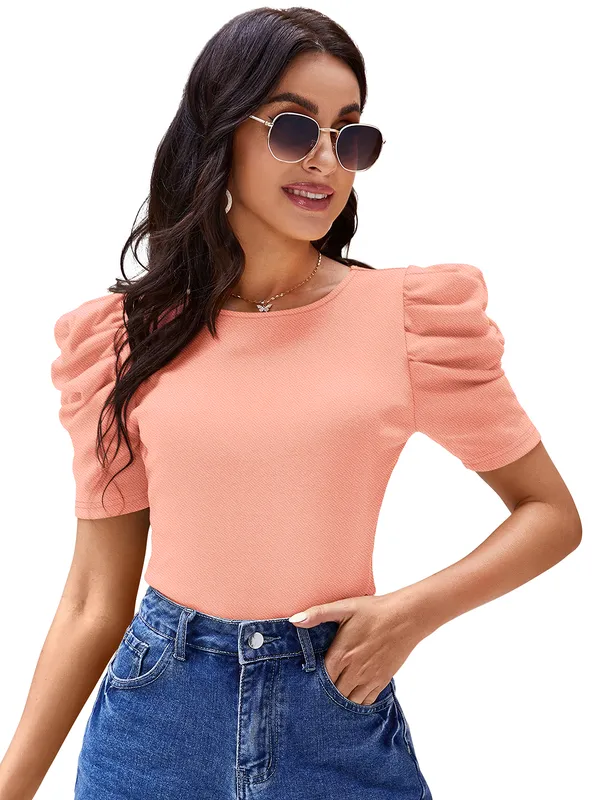 Peach_Polyester_Knitting_T-Shirt_for_Women