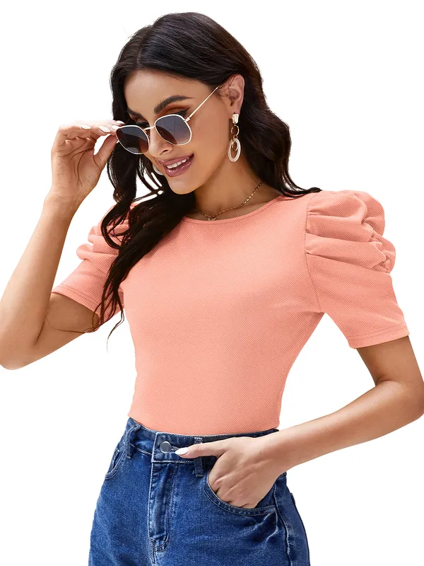 Peach_Polyester_Knitting_T-Shirt_for_Women