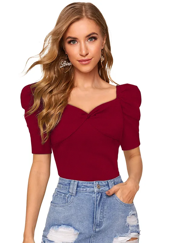 Maroon_Polyester_Knitting_T-Shirt_for_Women