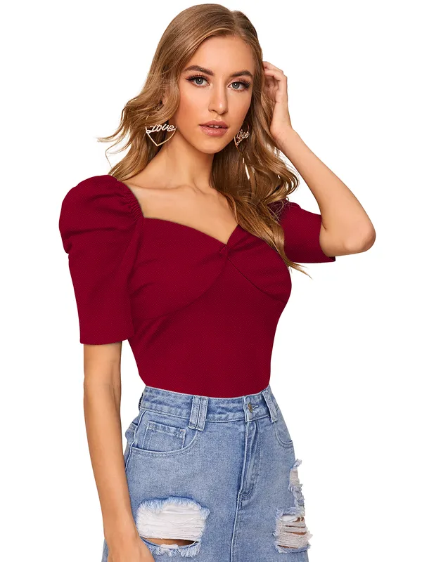 Maroon_Polyester_Knitting_T-Shirt_for_Women