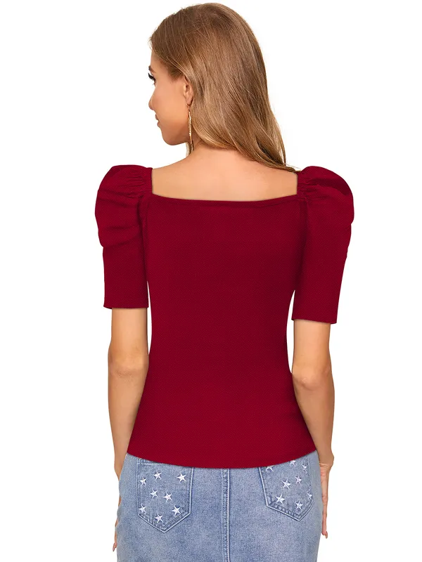 Maroon_Polyester_Knitting_T-Shirt_for_Women