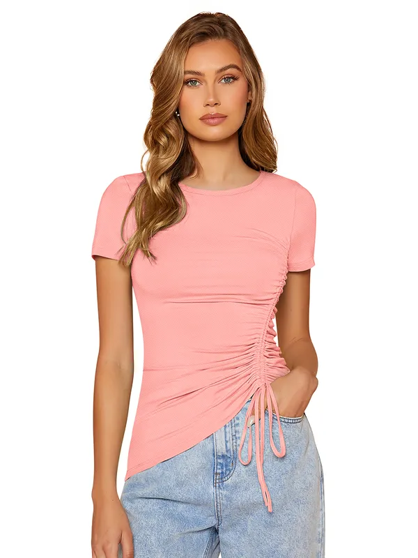 Peach_Polyester_Knitting_T-Shirt_for_Women