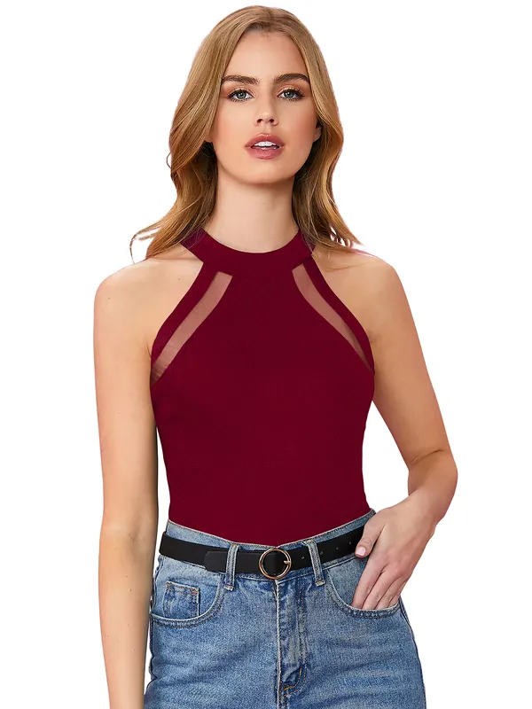 Maroon_Polyester_Knitting_T-Shirt_for_Women