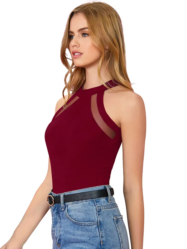 Maroon_Polyester_Knitting_T-Shirt_for_Women