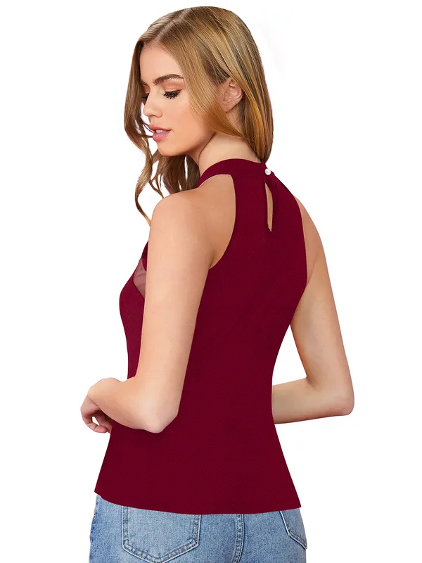 Maroon_Polyester_Knitting_T-Shirt_for_Women