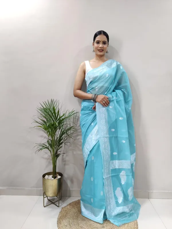 Light_Blue_Woven_Banarasi_Soft_Silk__Saree_With_Unstitched_Blouse
