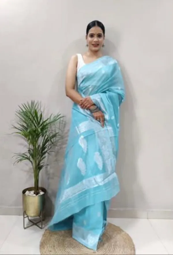 Light_Blue_Woven_Banarasi_Soft_Silk__Saree_With_Unstitched_Blouse