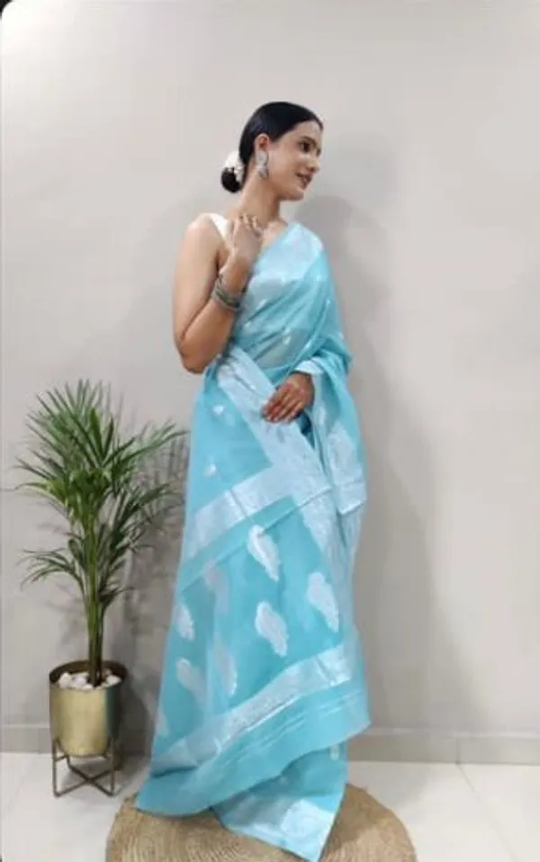 Light_Blue_Woven_Banarasi_Soft_Silk__Saree_With_Unstitched_Blouse