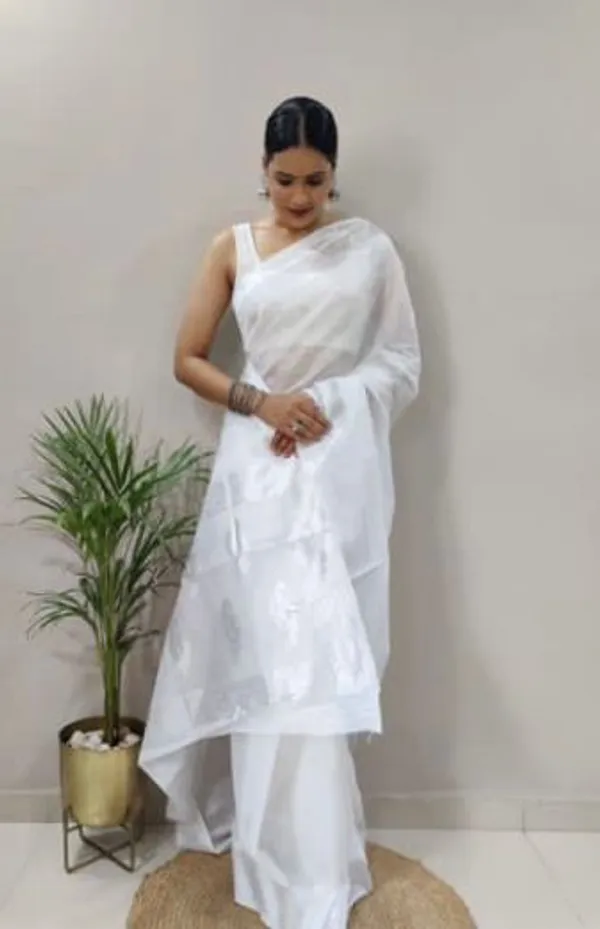 White_Woven_Banarasi_Soft_Silk__Saree_With_Unstitched_Blouse