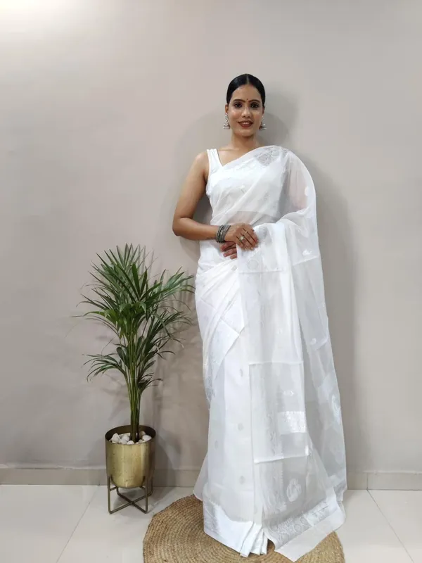 White_Woven_Banarasi_Soft_Silk__Saree_With_Unstitched_Blouse