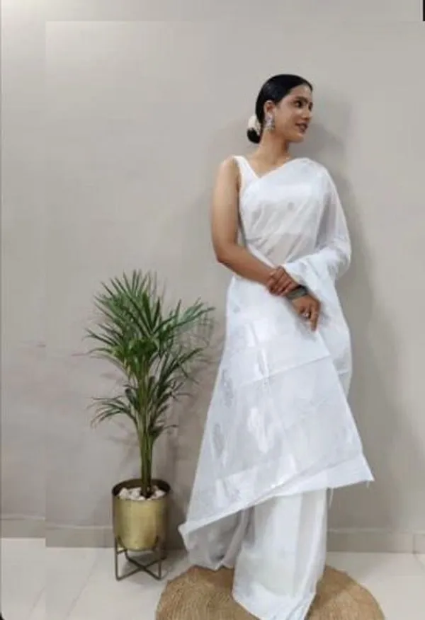 White_Woven_Banarasi_Soft_Silk__Saree_With_Unstitched_Blouse