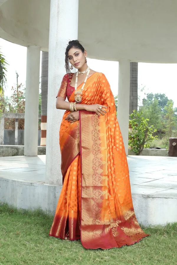 Orange_Woven_Jacquard_Soft_Silk__Saree_With_Unstitched_Blouse