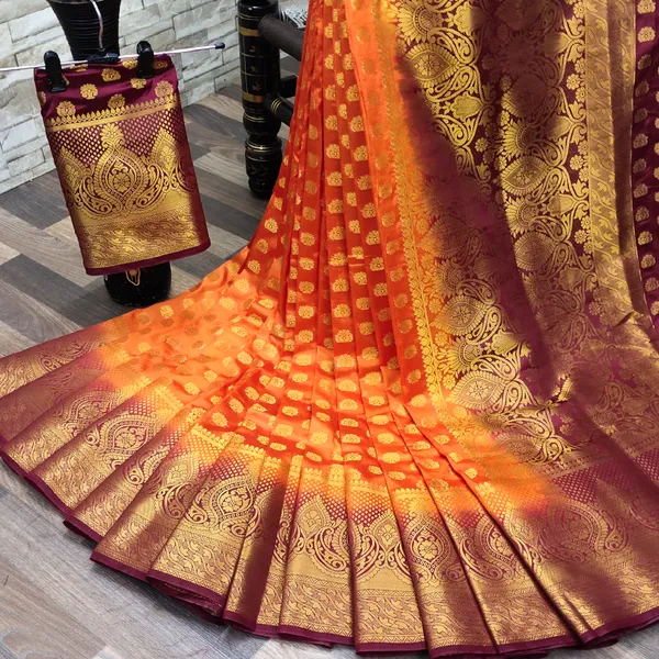 Orange_Woven_Jacquard_Soft_Silk__Saree_With_Unstitched_Blouse
